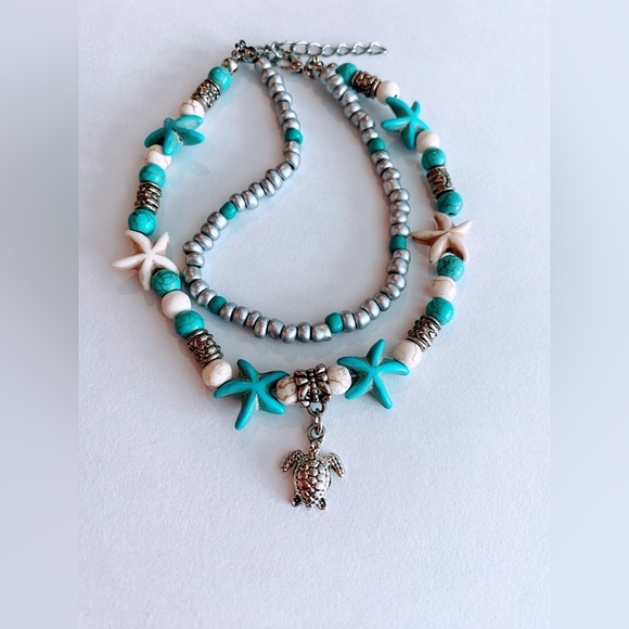 Blue beaded turtle bracelet or anklet - Picture 2 of 2
